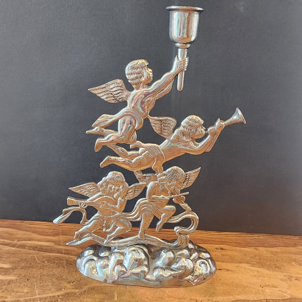 Vintage Godinger Silver‎ Art Company 10 Inch Cherub Themed Single Candle Holder